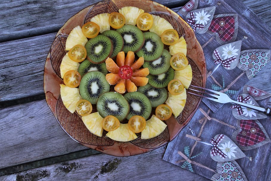 fruit, plate, multicolored, fresh, delicious, kiwi, pineapple HD wallpaper