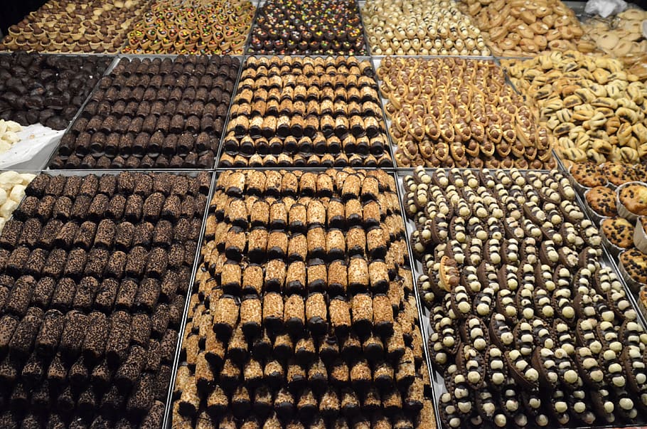 sweets, biscuits, trays, chocolate, icing, food, display, stall HD wallpaper