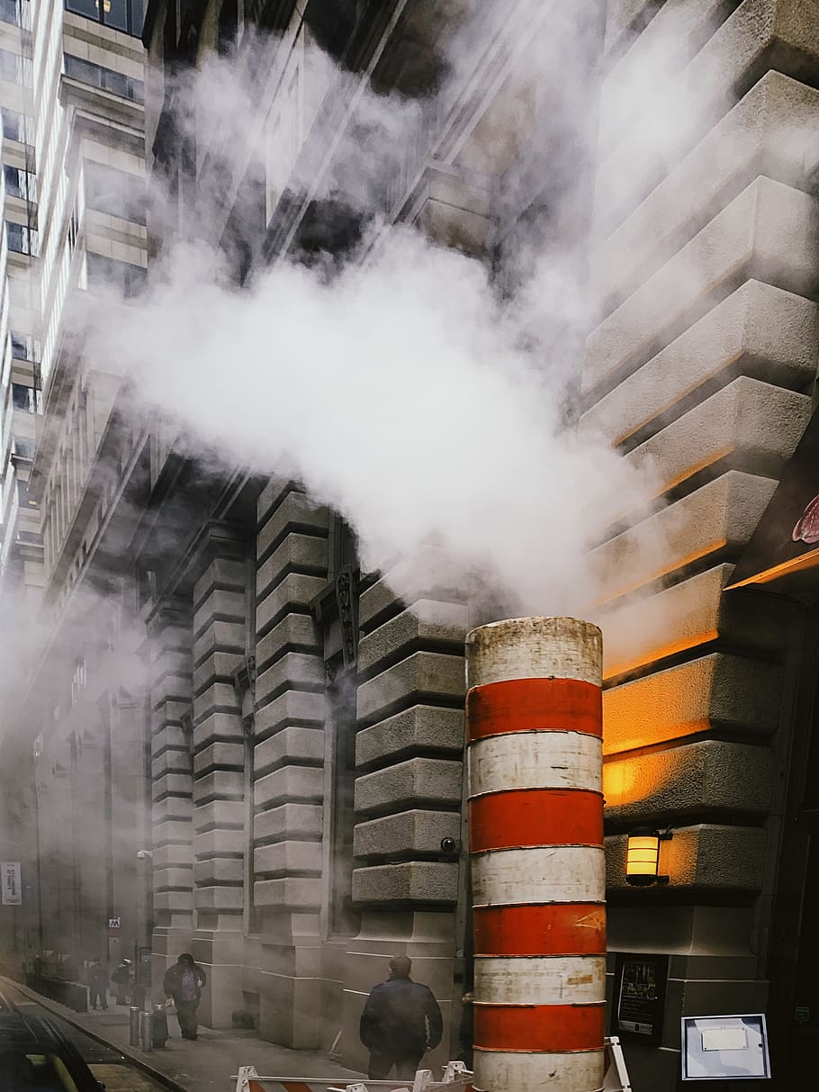 white building, human, person, smoke, factory, automobile, transportation HD wallpaper