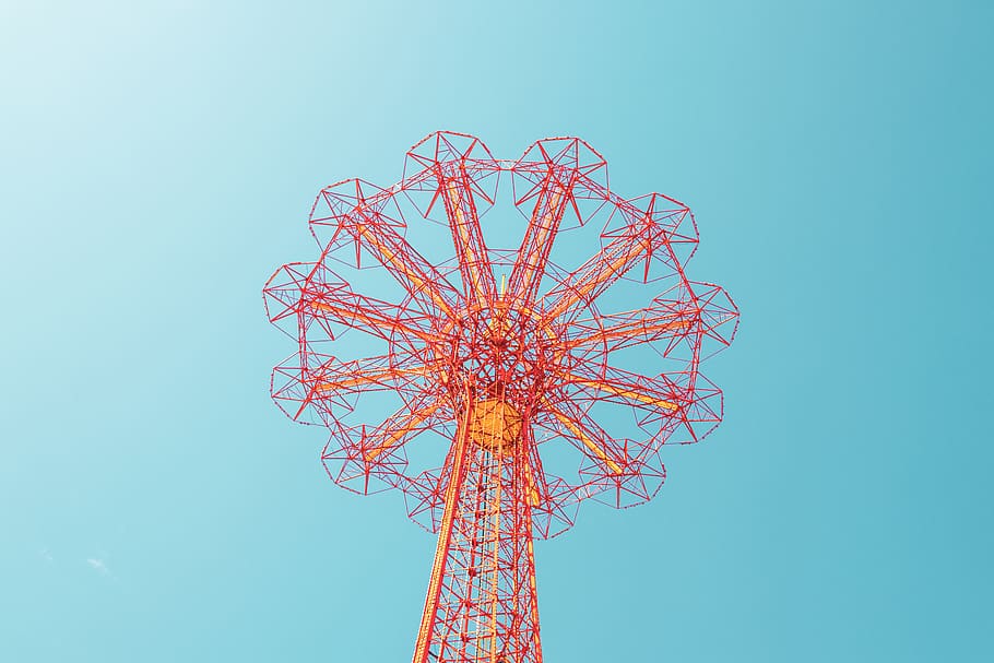 orange high-rise structure, sky, low angle view, amusement park HD wallpaper