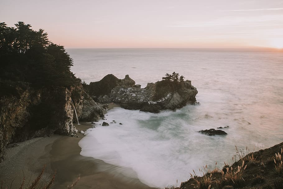 island', long exposure, sea, ocean, water, rock, waterfall, beach HD wallpaper