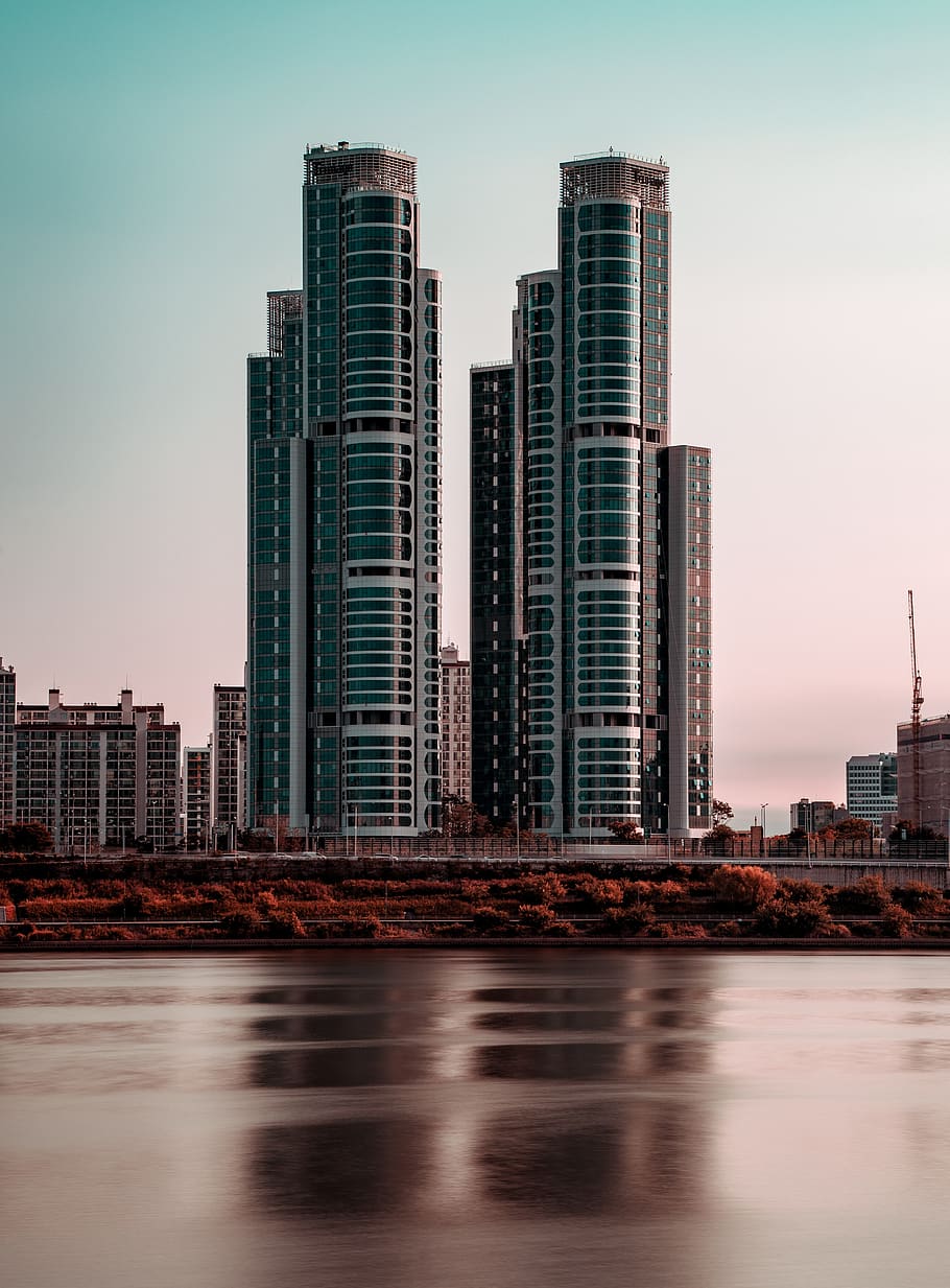building, river, green, color, twinbuilding, urban, city, building exterior HD wallpaper
