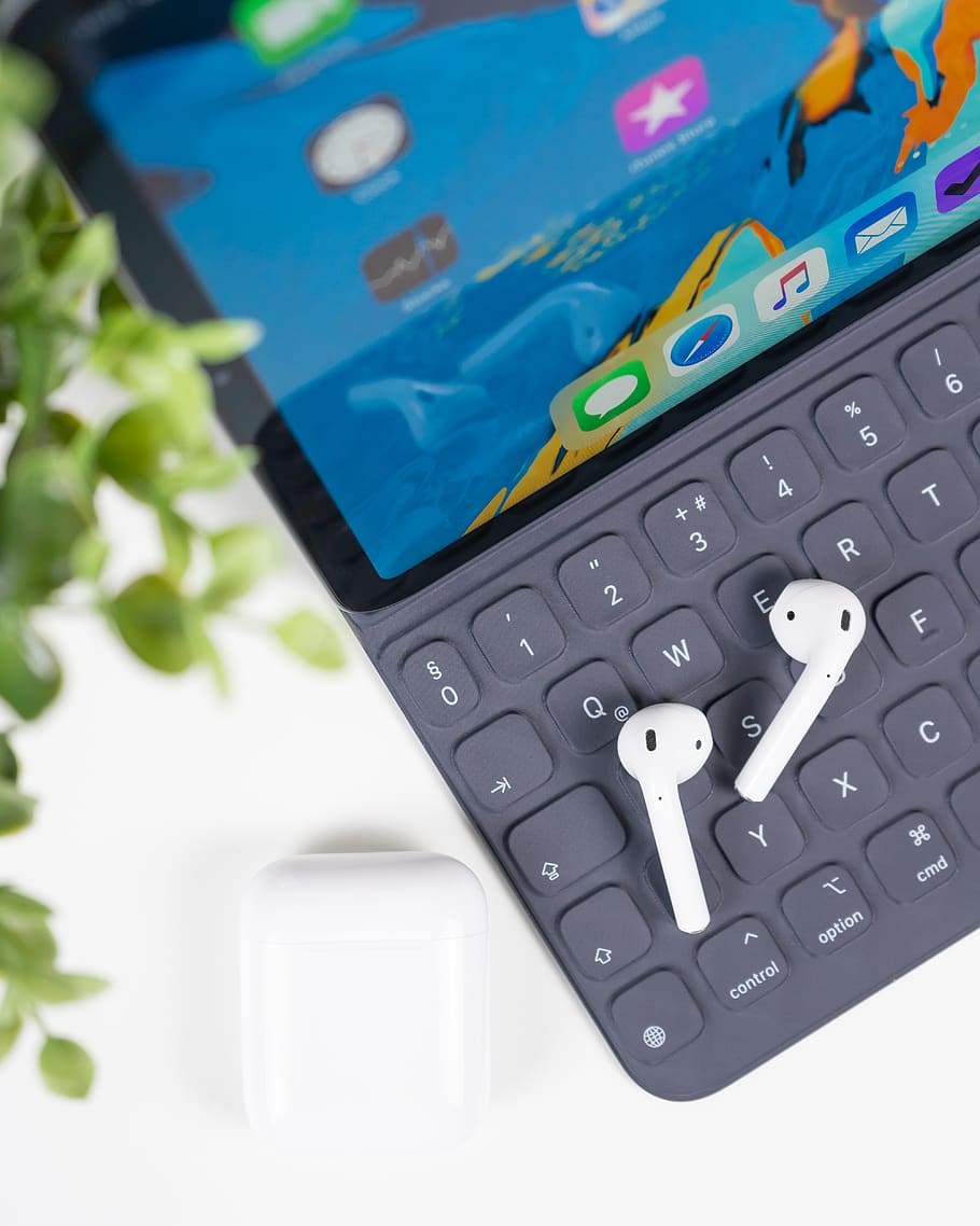 space gray iPad Pro with Apple AirPods, computer, computer keyboard, HD wallpaper