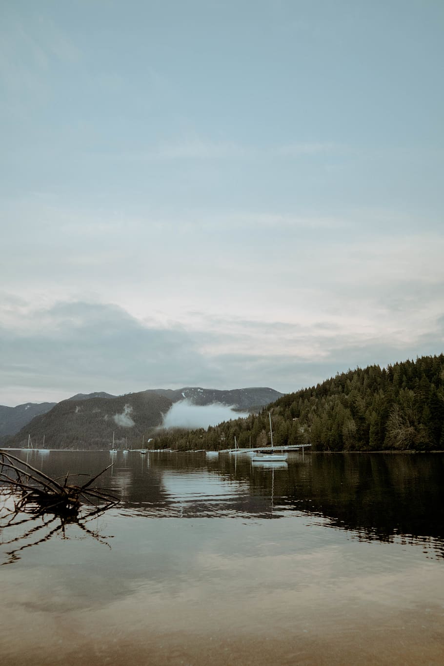 mountains, boats, trees, clouds, vintage, ocean, water, sky HD wallpaper