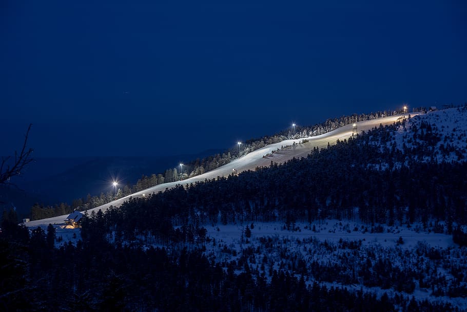 winter, ski run, flood light, skiing, snow, snowboard, cold HD wallpaper