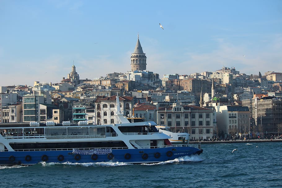 galata tower, estuary, istanbul, turkey, marine, sky, peace