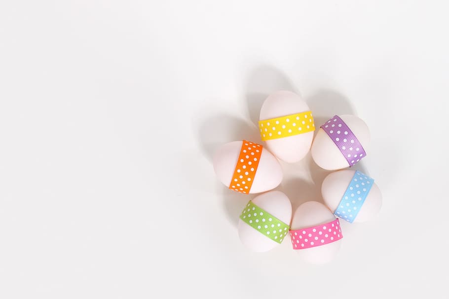 Easter eggs, color, colors, white, studio shot, copy space, indoors, HD wallpaper