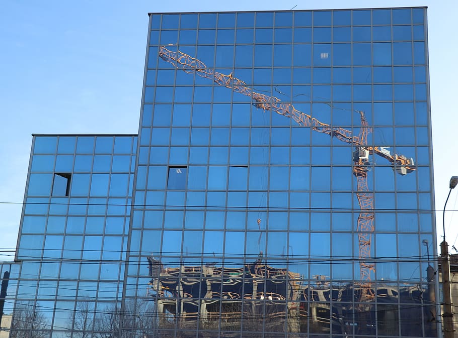 reflection, crane, house, building, blue, sky, architecture HD wallpaper