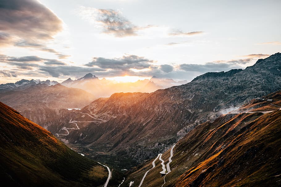 aerial view of mountain during daytime, cloud, pass, sunset, green HD wallpaper