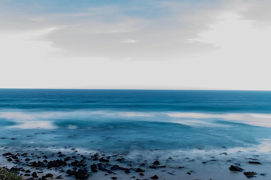blue, cloud, long exposure, rocks, sea, water, sky, horizon HD wallpaper