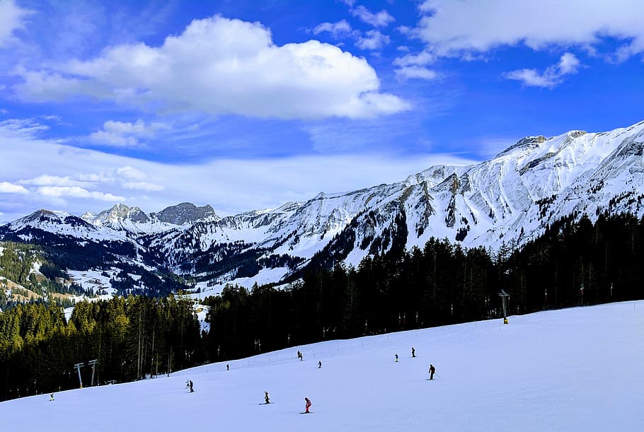 ski, mountains, sky, clouds, landscape, snow, nature, vacations HD wallpaper