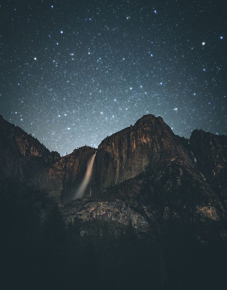gray mountains at night, star - space, astronomy, scenics - nature HD wallpaper
