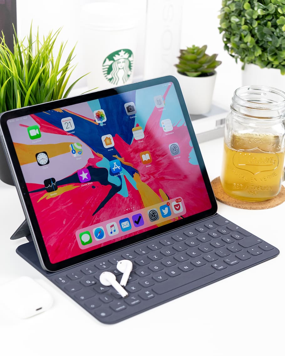 turned-on black tablet computer with keyboard, still life, laptop HD wallpaper