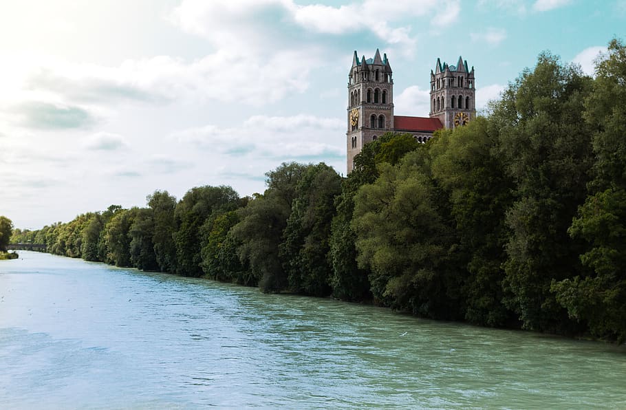 germany, munich, river, trees, landscape, church, nature, architecture HD wallpaper