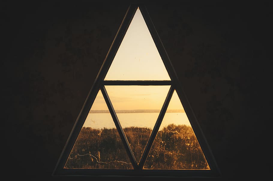 window near tall tree during golden hour, triangle, frame, view HD wallpaper