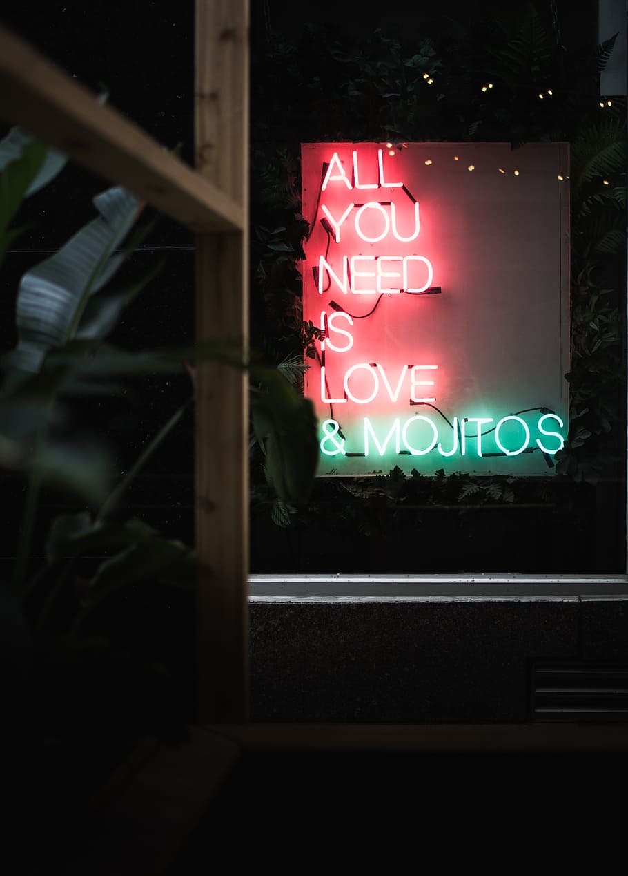 red and green neon signage, interior, illumianted, dark, night time HD wallpaper