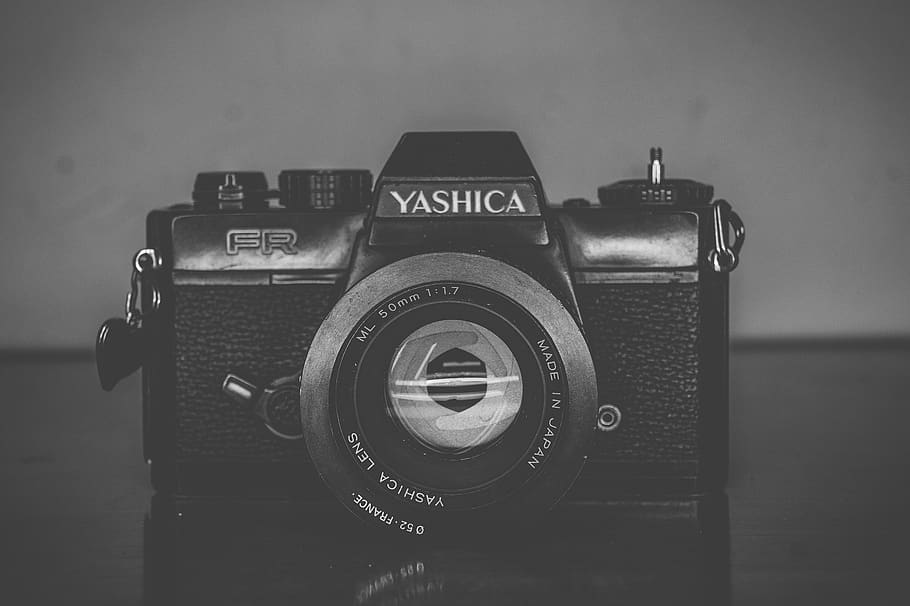 vintage, old, camera, yashica, 35mm, black and white, studio HD wallpaper