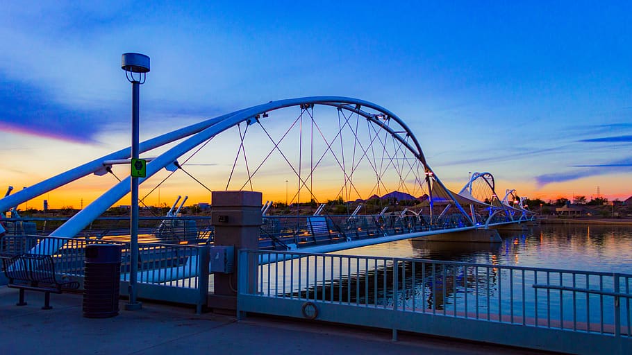 sunset, bridge, sky, water, architecture, built structure, transportation HD wallpaper