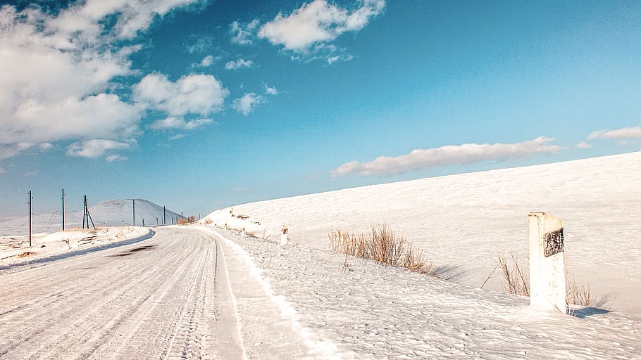 sky, clouds, road, snow, winter, transportation, cold temperature HD wallpaper