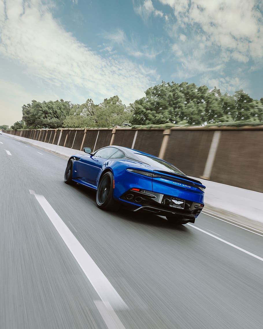 blue coupe passing by concrete road, automobile, transportation, HD wallpaper