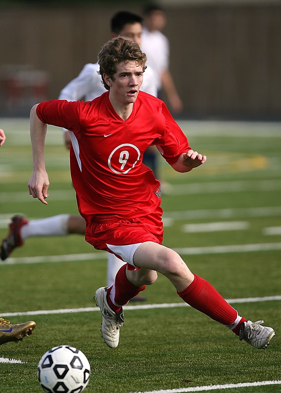 Man in Red Nike Jersey Shirt Playing Soccer, athlete, ball, field, HD wallpaper