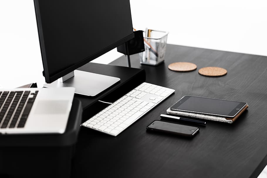 Black Modern Minimalistic Desk, business, clean, computer, designer, HD wallpaper