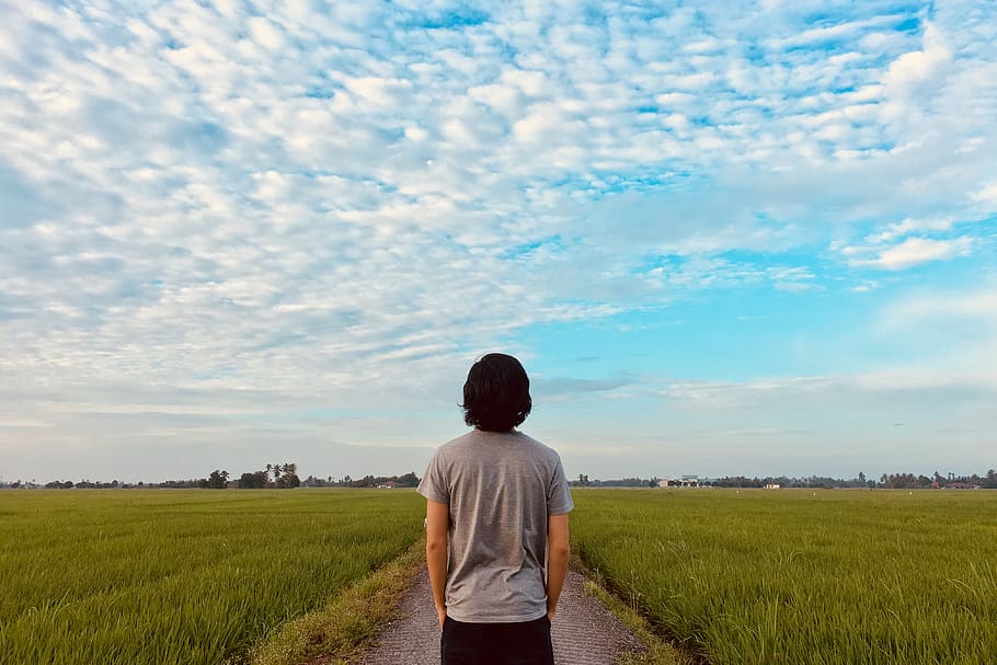 malaysia, perlis, green, sky, rear view, one person, cloud - sky HD wallpaper