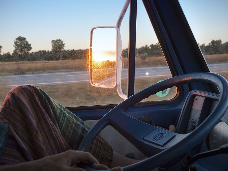 road, van, hippies, highway, sunset, driving, transportation