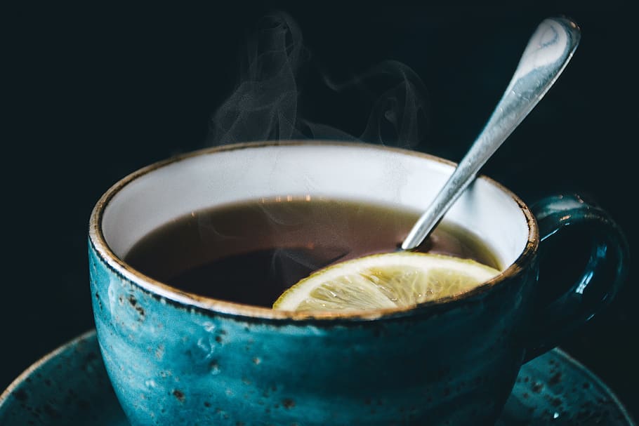 lemon, tea, cup, saucer, mug, spoon, teaspoon, dark, brew, background HD wallpaper