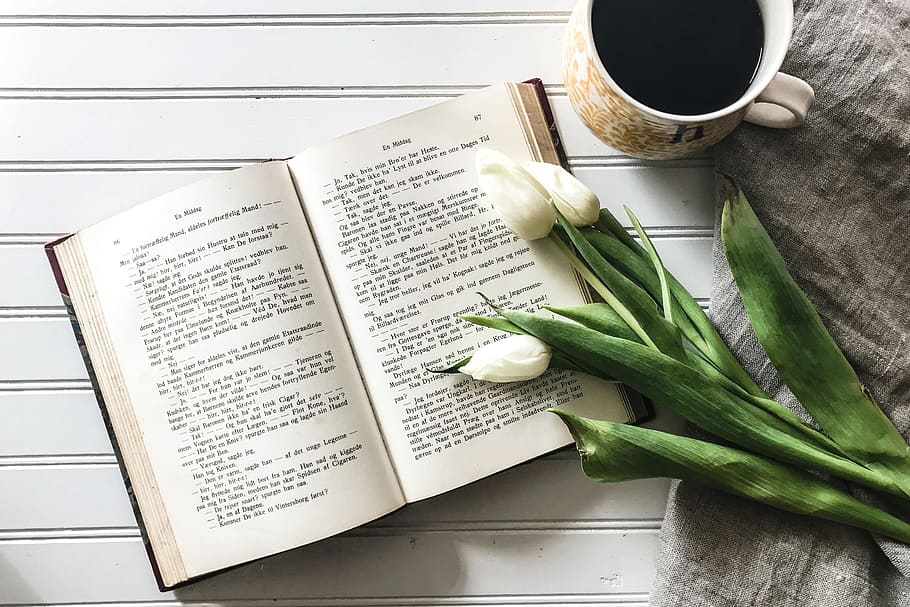 Coffee, Flowers and Open Book, food and Drink, books, hD Wallpaper, HD wallpaper