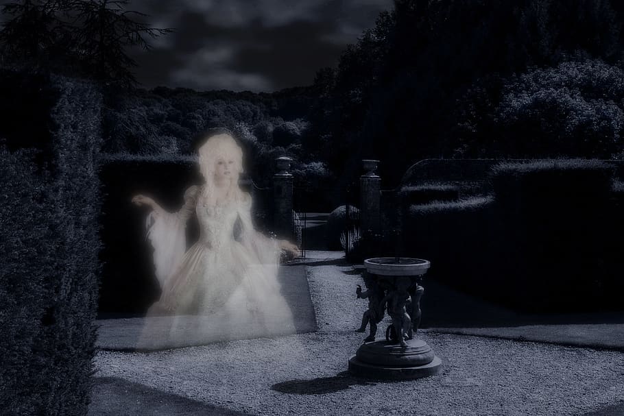ghost, apparition, creepy, scary, garden, hedges, path, fountain