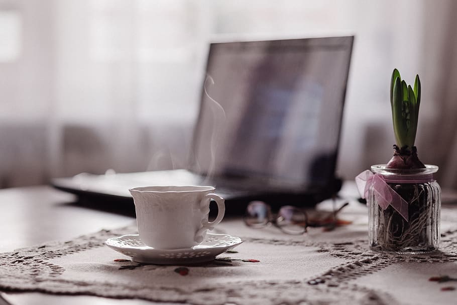 Close-up of Coffee on Table, blur, cup, drink, eyeglasses, flower HD wallpaper
