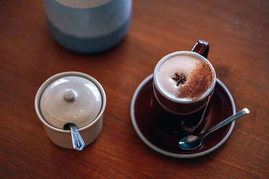 Mug of Latte Beside White Container, brown, caffeine, cappuccino HD wallpaper