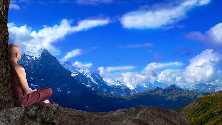 mountain, panoramic, nature, sky, travel, monk, bhikkhu, bikkhu, HD wallpaper