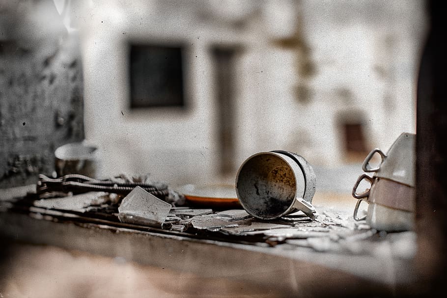empty gray cups on brown surface, no people, indoors, abandoned HD wallpaper