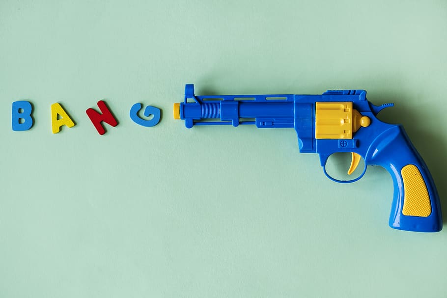Blue and Yellow Plastic Toy Revolver Pistol, artsy, background, HD wallpaper