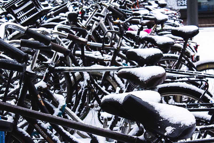 black bicycles on parked, bike, transportation, vehicle, wheel HD wallpaper
