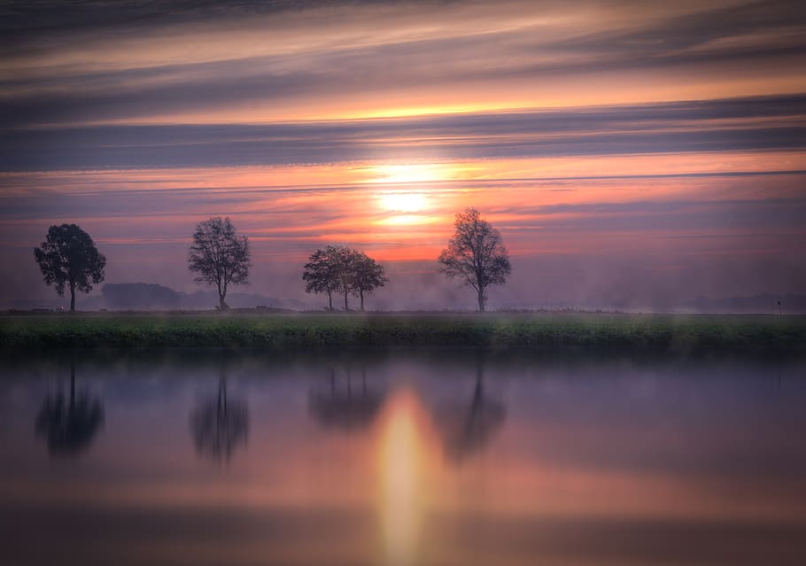 sunset, water, reflection, sea, sky, dusk, ocean, lake, nature HD wallpaper