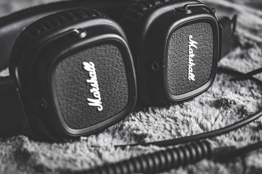 Grayscale Photography of Black Marshall Headphones, audio, car