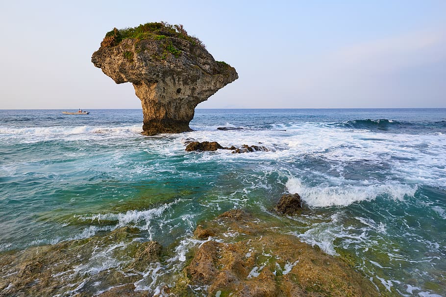 Brown Rock Formation Above Body of Water, beach, beautiful, coast HD wallpaper