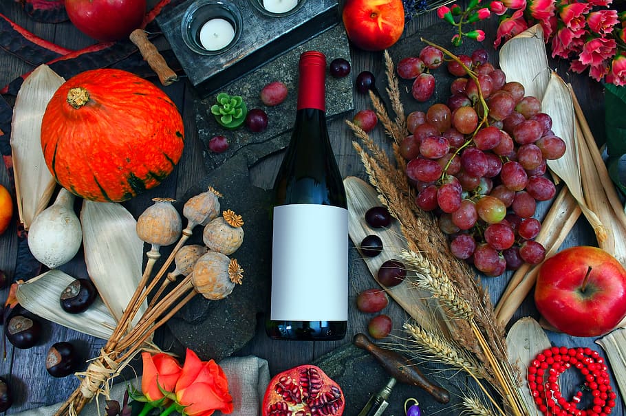 Photography of Wine Bottle on Table Between Fruits, apple, apples HD wallpaper