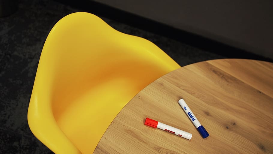 table, chair, markers, office, desk, business, yellow, wood - material HD wallpaper