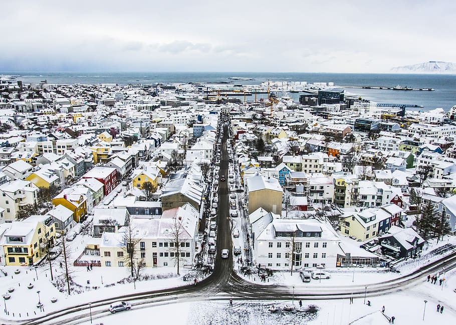 aerial photography of city surrounded with snow, winter, view