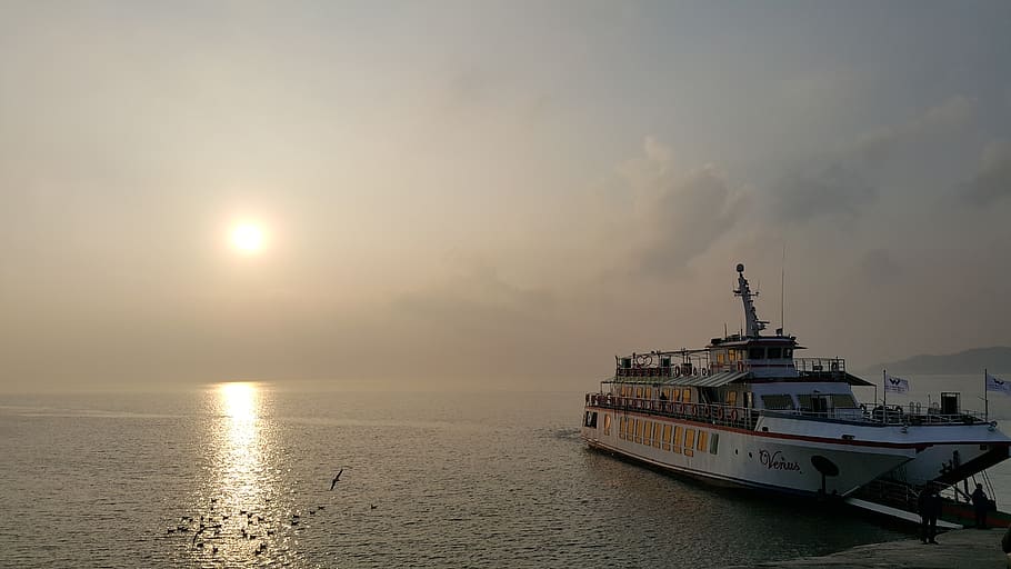 port, sunset, sea, nautical vessel, sky, water, mode of transportation HD wallpaper