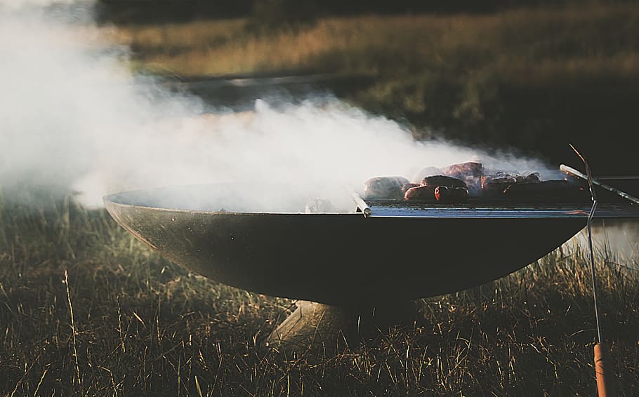 lighted black metal grill with meat on top, nautical vessel, transportation HD wallpaper