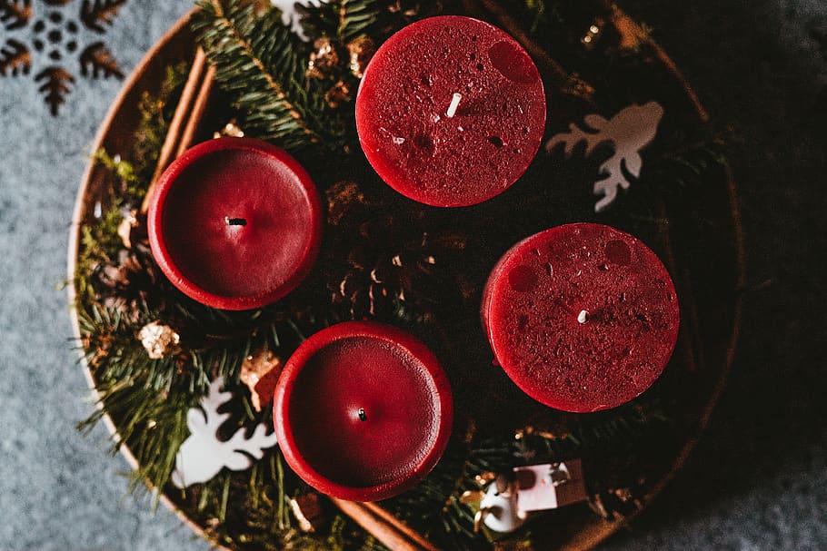 four red pillar candles, food and drink, no people, high angle view HD wallpaper