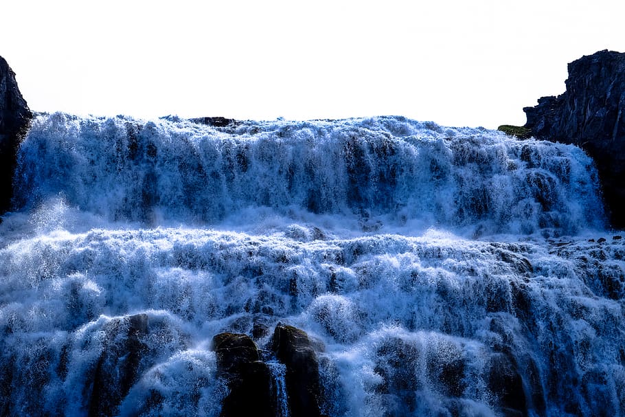 waterfalls under grey clouds, river, nature, outdoors, ocean HD wallpaper