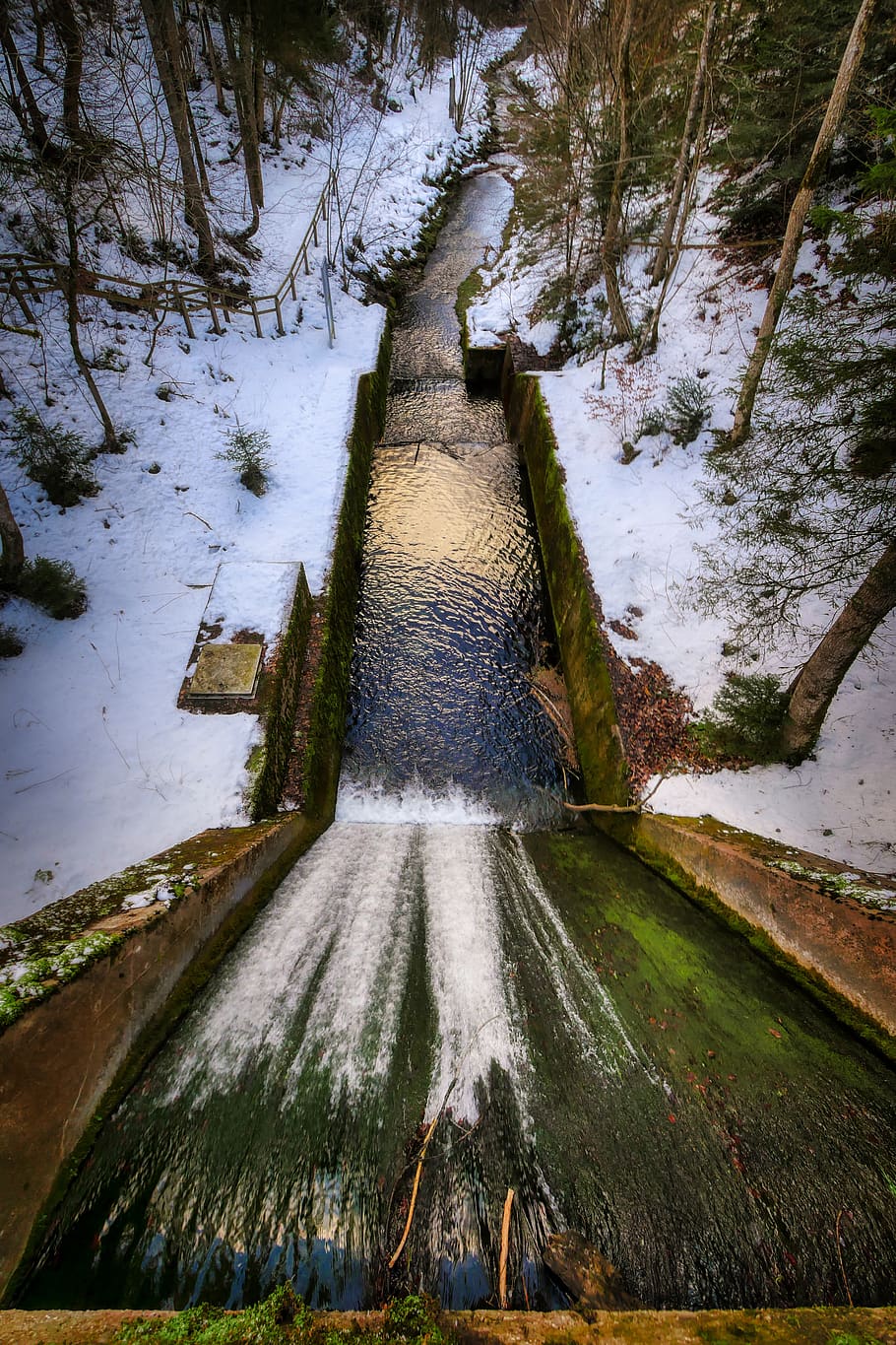 barrage, forest, snow, cold, water power, tree, landscape, beauty in nature HD wallpaper