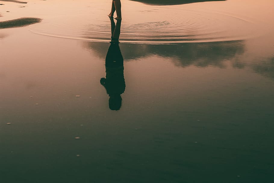 reflection of person in water, ocean, calm, ripple, beach, vibrant HD wallpaper