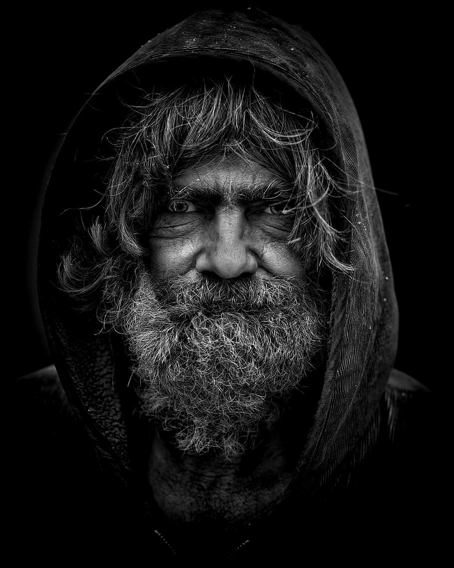 Bearded Man Grey Scale Illustration, dirty, grunge, homeless